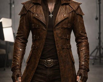 May include: A brown distressed leather trench coat with a hood, featuring multiple buckle straps across the chest, shoulder epaulets, and long sleeves with fingerless gloves. The coat is worn over a black shirt and pants with a skull belt buckle.