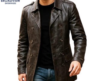 Men's Vintage Brown Sheepskin Leather Trench Coat, Double-Breasted Jacket