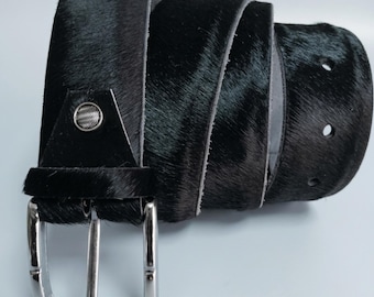Black Cowhide Belt Men Women, Hair on Hide Leather Belt, Pony Hair Western Belt, Minimalist Luxury Black Belt, Handmade Fur Belt for Jeans