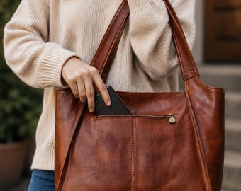 Handmade Full Grain Italian Leather Tote Bag, Elegant Shoulder Work Handbag