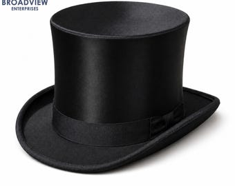 May include: A black top hat with a smooth, satin-like finish and a matching black grosgrain ribbon band featuring a small bow detail at the base of the crown. The hat has a tall, cylindrical crown and a curved brim with a finished edge.