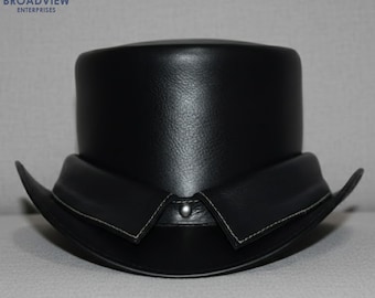 Handmade Leather Top Hat - Steampunk Gothic Cosplay Mad Hatter Cap - Premium Black Genuine Leather Wedding Magician Top hat - Gift for Him