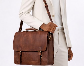 Full Grain Leather Briefcase | Vintage Brown 15” Laptop Bag | Men’s Satchel