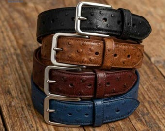 Genuine Ostrich Embossed Leather Belt for Men | Handmade Dress Belt