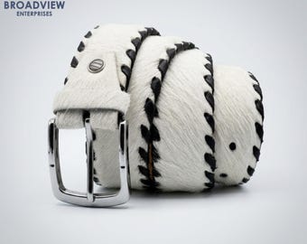 Cowhide Hair on Hide Belt with Black Braided Edge, Western White Leather Belt for Men Women, Cowboy Style Waist Belt, Handmade Gift