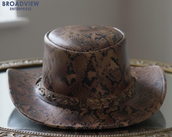 Handmade Snakeskin Leather Cowboy Hat - Genuine Brown Python Print Western Hat - Steampunk Top Hat - Wide Brim Rodeo Outback Festival Hat