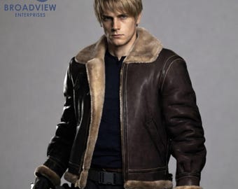 Leon Kennedy Shearling Jacket, RE4 Inspired Brown B3 Bomber Style Coat