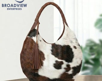 Genuine Cowhide Hobo Shoulder Bag | Leather Tassel Boho Purse | Unique Pattern Tote Bag for Women | Braided Strap Handbag Everyday Travel