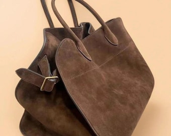 Handmade Brown Suede Leather Tote Bag Oversized Minimalist Women Carryall