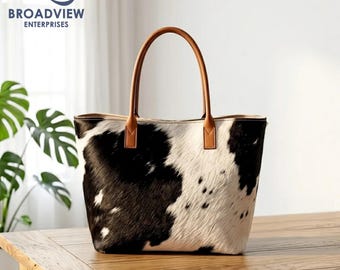 Large Cowhide Tote Handbag, Genuine Hair-on-Hide Shoulder Bag, Western Style Work Tote, Handmade Leather Travel Bag with Metal Feet
