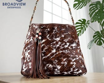 Handmade Cowhide Shoulder Bag with Bamboo Handle, Genuine Hair-on-Hide Western Hobo Purse, Premium Leather Tote with Tassel Charm