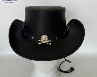Black Leather Cowboy Hat, Gothic Skull Crossbones Top Hat, Steampunk Pirate Punk Rock Biker, Western Cosplay Festival Wear