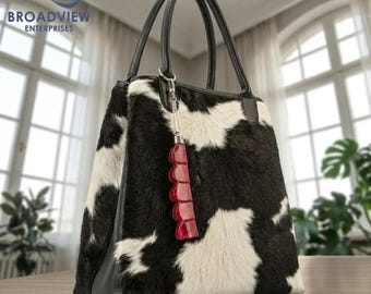 Genuine Cowhide Leather Tote Bag for Women, Handmade Hair on Hide Shoulder Bag, Real Leather Everyday Purse with Tassel, Large Work Bag