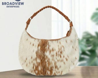 Genuine Hair-on Cowhide Hobo Bag, Handmade Leather Shoulder Bag, Western Style Crescent Purse, Braided Strap Boho Handbag, Gift for Her