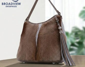 Genuine Cowhide Shoulder Bag for Women, Brown Hairon Hide Western Handbag, Real Leather Hobo Purse, Unique Gift for Her
