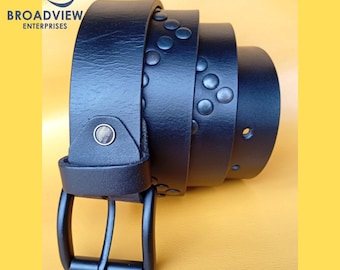 Genuine Leather Studded Belt for Men, Handmade Black Punk Rock Waist Belt, Real Leather Vintage Jeans Belt with Solid Black Metal Studs