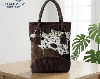 Cowhide Leather Tote Handbag, Genuine Hair-on-Hide Shoulder Bag, Western Style Women's Purse, Handmade Daily Use Tote with Zipper Pocket