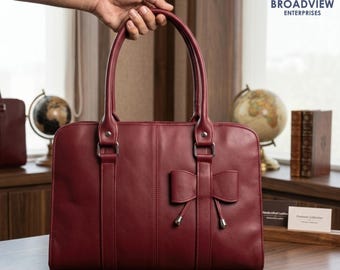 Handmade Burgundy Leather Handbag with Bow, Elegant Maroon Shoulder Bag for Women, Genuine Leather Office Tote Bag, Top Handle Purse