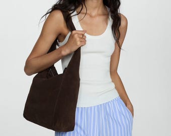 Brown Suede Leather Hobo Bag | Oversized Slouchy Shopper Tote
