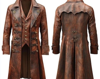 Handmade Distressed Brown Leather Steampunk Tailcoat: Gothic Pirate Trench Coat