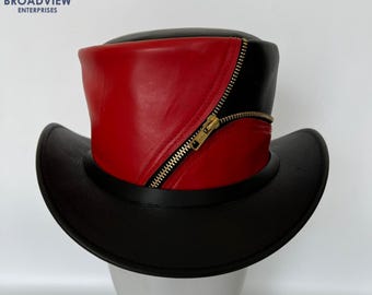 Steampunk Leather Top Hat, Red Black Gothic Mad Hatter Hat, Handmade Real Leather Zipper Hat, Punk Rock Cosplay Costume Headwear