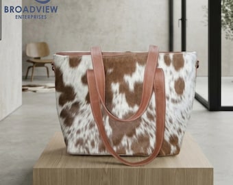 Handmade Cowhide Tote, Brown White Hairon Handbag, Zipper Western Bucket Purse, Gift for Wife