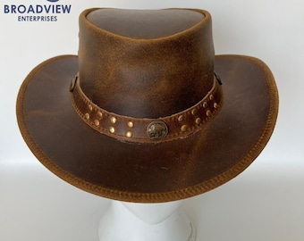 Distressed Brown Leather Cowboy Hat, Western Outback Outback Hat, Buffalo Coin Leather Band Hat, Outback Bush Hat, Handmade Leather Cap