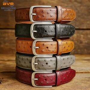 May include: A stack of leather belts in various colors: brown, black, tan, gray, and burgundy. Each belt has a silver buckle and a textured surface with small, evenly spaced dots. The belts are stacked on top of each other.