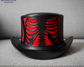 Handmade Black Leather Skeleton Top Hat, Gothic Red Ribcage Steampunk Hat, Victorian Cosplay Halloween Costume Hat, Biker Gothic Headwear