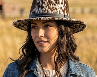 Handmade Cowhide Leather Cowboy Hat, Brown White Cow Fur Western Headwear, Cattleman Rancher Cap