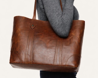 Large Soft Lamb Leather Tote Bag | Cognac Shopper | Laptop & Everyday Market Bag