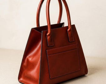 Italian Leather Tote Bag with Matching Clutch, Structured Brown Work Handbag