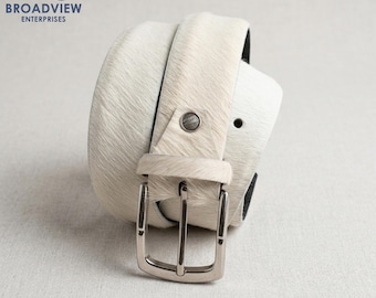 Handmade White Cowhide Hair-on Leather Belt, Western Rodeo Style Unisex Accessory
