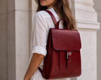 Handmade Burgundy Leather Backpack - Minimalist Women Rucksack for Work - Vintage Italian Style Travel Daypack - Luxury Gift for Her
