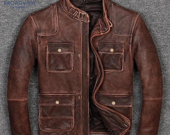 Men’s Vintage Brown Leather Jacket – Distressed Cafe Racer Motorcycle Coat, Retro Utility Style