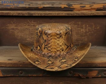 Handmade Snakeskin Leather Cowboy Hat, Genuine Python Snake Skin Western Hat, Exotic Country Style Leather Fedora, Men & Women Outback Hat