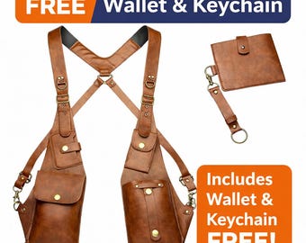 Leather Shoulder Holster Harness with Pouches | Handmade Unisex Chest Rig + Free Wallet And Keychain