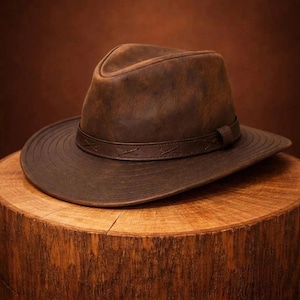 Handmade Brown Leather Fedora | Wide Brim Western Style | Unisex Vintage Cowboy