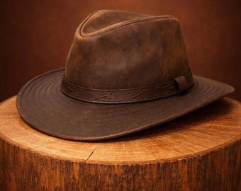 Handmade Brown Leather Fedora | Wide Brim Western Style | Unisex Vintage Cowboy