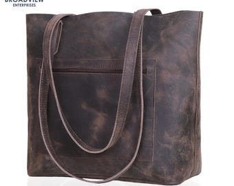 Distressed Large Soft Lamb Leather Tote Bag | Cognac Shopper | Laptop & Everyday Market Bag