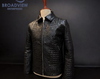 Handgefertigte schwarze Krokodilprägung Lederjacke für Herren, Slim Fit Alligator Textur Ziegenleder Bikerjacke, italienischer Stil, Geschenk für Ihn