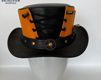 Steampunk Leather Top Hat, Gothic Cosplay Mad Hatter Hat, Handmade Leather Top Hat with Gears, Genuine Leather Corset Hat Punk