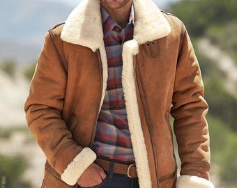 Genuine Sheepskin Shearling Coat: Mens Camel Leather Jacket. Valentine Day Gift