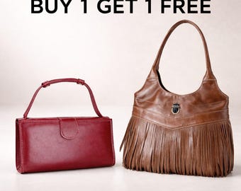 Genuine Leather Fringe Boho Shoulder Bag and Red Wallet Set