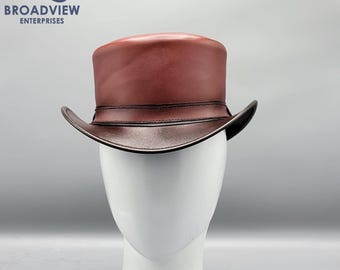 Handmade Brown Leather Top Hat, Steampunk Victorian Cosplay Hat, El Dorado Biker Topper, Gothic Renaissance Festival Costume Hat
