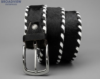 Black Cowhide Hair on Hide Belt with White Braided Edge, Western Leather Belt for Men Women, Cowboy Style Waist Belt, Halloween Costume Gift
