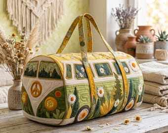 Vintage Hippie-Reisetasche aus gestepptem Stoff: Retro-Reisetasche aus Baumwolle im Busstil, große, originelle Wochenendtasche