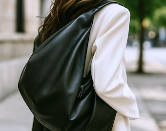 Large black leather tote bag, Oversized leather hobo bag, Black shoulder tote bag for women, Black hobo bag, Office bag for women