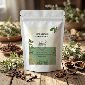 Peut inclure: Un sachet blanc avec le texte "CLOVE, WORMWOOD BLACK WALNUT HULLS" et "HERBAL HEALTH". Le sachet porte une étiquette verte et dorée avec "PURITY & PRECISION" et "500 mg/capsule". Des clous de girofle, des herbes et des coquilles de noix sont dispersés sur une surface en bois.