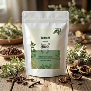 Pode incluir: Uma embalagem branca de cápsulas de açafrão-da-terra com o texto "Turmeric Curcumin" e "Herbal Health". A embalagem está sobre uma superfície de madeira com cravos e ervas.